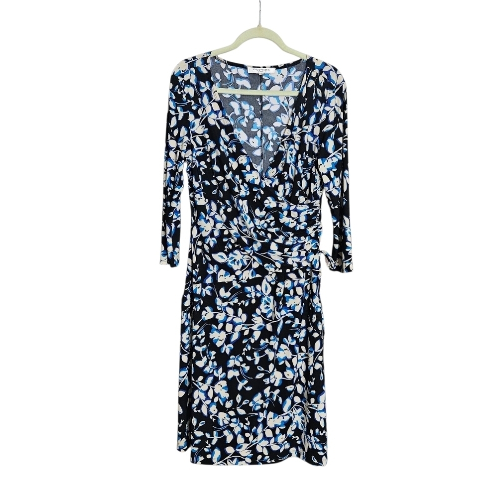 Evan Picone Floral Black Blue Cream Faux Wrap Dress size 14